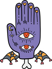 halloween cute cartoon. Purple hand illustration with mystical eyes, skulls, hearts, and bat wings. retro trendy halloween in doodle pastel color style