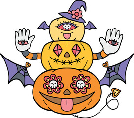 halloween cute cartoon. Halloween pumpkin character with wings, hats, and playful facial features. retro trendy halloween in doodle pastel color style