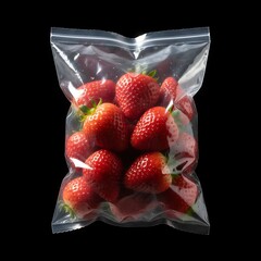 Sealed clear plastic bag filled with strawberries, isolated on black background.