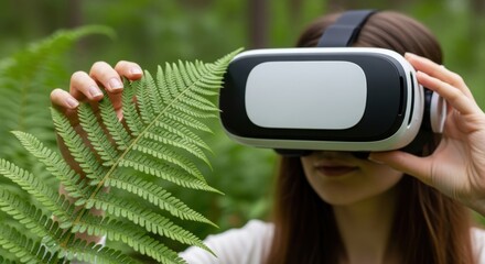 Young caucasian female exploring nature with virtual reality headset