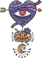halloween cute cartoon. Stylized heart mummy and pumpkin mummy design with arrows and decorative elements in purple. retro trendy halloween in doodle pastel color style