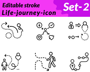 An inspiring icon showing a winding path through mountains. and valleys with a rising sun and footsteps symbolizing personal growth, experiences challenges and the continuous journey of life.