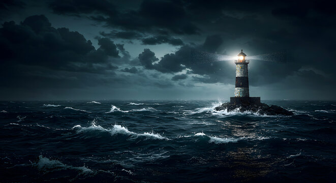 A solitary lighthouse stands resilient against a turbulent ocean storm during a dark and dramatic night