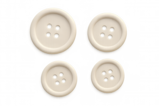 Four sewing buttons of different sizes with four holes each are displayed on a transparent background