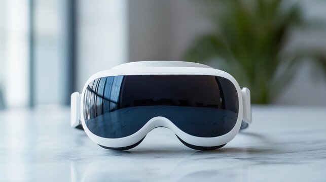 Personalized virtual reality meditation pods headset lens, subtle light reflection, clear image, immersive view.