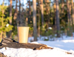 Paper coffee cup steaming on a snowy log in a forest