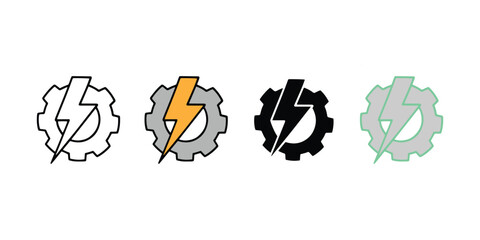 Minimalist Gear and Lightning Bolt Icon Set – Power, Energy, and Engineering Symbols in Flat and Outline Styles for Tech UI, Automation, and Industrial Design Use