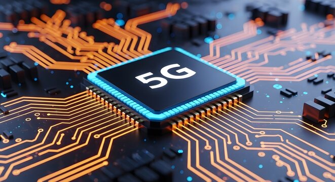 Close up of a glowing 5g chip on a futuristic circuit board with orange connections
