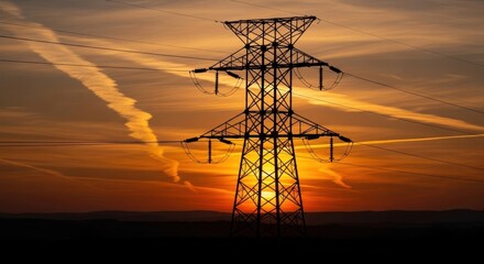 Silhouette of high voltage power lines at sunset with orange and yellow sky