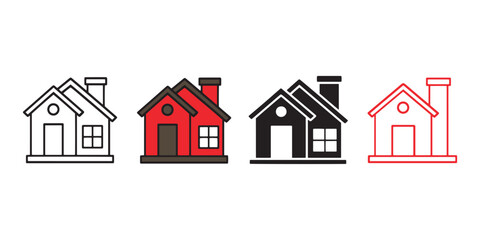 Minimalist House Icon Set – Residential, Real Estate, and UI Variants in Flat, Outline, and Layered Styles for Apps, Maps, Property Listings, and Educational Use
