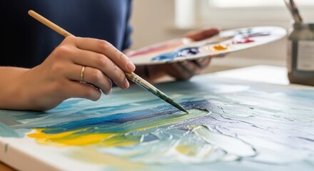 Naklejka premium Caucasian female adult painting with brush and palette in a bright studio