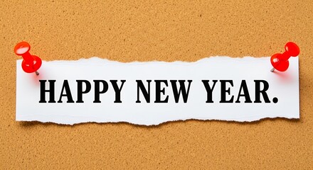 Happy new year message written on paper and pinned on cork board background
