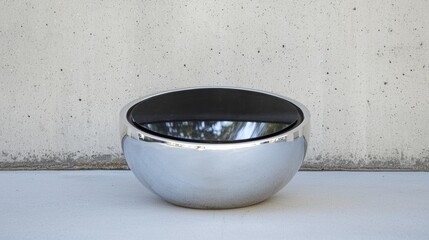 A shiny silver bowl with a black lid sits on a concrete floor.
