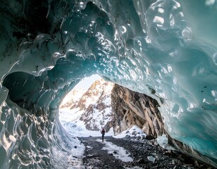 Ice cave with a hiker