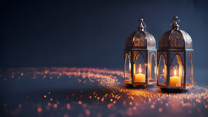 Fototapeta premium Glimmering Lanterns: Two ornate lanterns emit a soft, warm glow, illuminating the surrounding space with a festive ambiance, perfect for a holiday or special occasion.