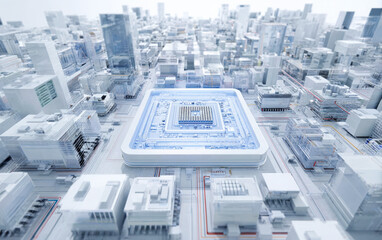 Digital Cityscape with Central Circuit Board Representation