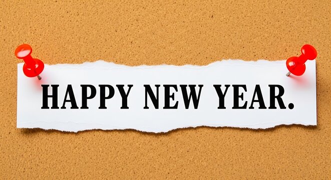 Happy new year message written on paper and pinned on cork board background