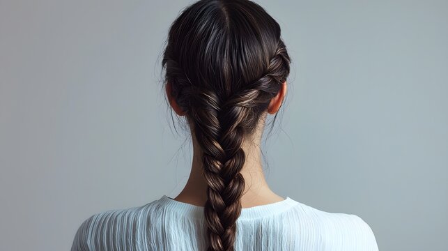 A meticulously styled French braid cascades elegantly down the back of a woman's head, showcasing a timeless and sophisticated hairstyle with intricate details and a beautiful, classic aesthetic