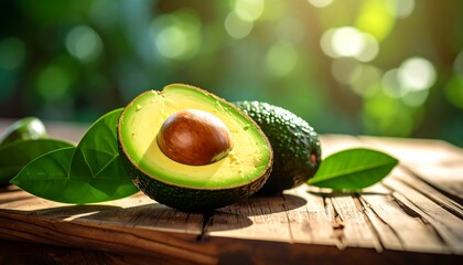 Freshly cut avocado on rustic wooden surface