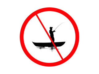 A graphic design featuring a red circle with a line through it, the symbol for no fishing. The silhouette shows a person in a boat, fishing transparent background