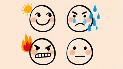 Cute Hand-Drawn Emotion Faces – Doodle-Style Set of Simple Round Faces Showing Happy, Sad, Angry, and Surprised Expressions