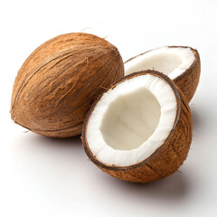 Whole and halved coconuts float against a pure white background.