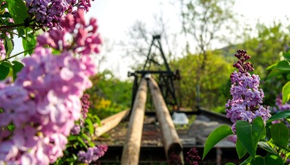 Lilacs frame an antique mechanism