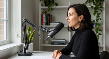 Young caucasian female podcaster speaking into microphone in home studio