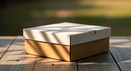 Rectangular Packaging Box with White Lid on Wooden Table in Sunlight