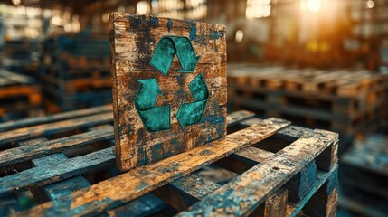 Recycling symbol on aged wooden pallet in industrial setting
