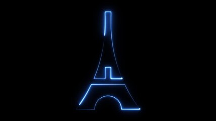 Eiffel Tower neon outline glowing blue abstract minimalist iconic landmark symbol animation on black background - Powered by Adobe