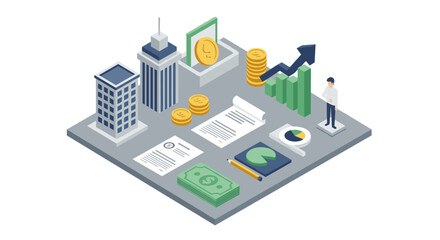 Isometric business finance concept with charts, coins, and buildings