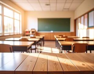 Fototapeta premium Sunny classroom with empty desk in focus