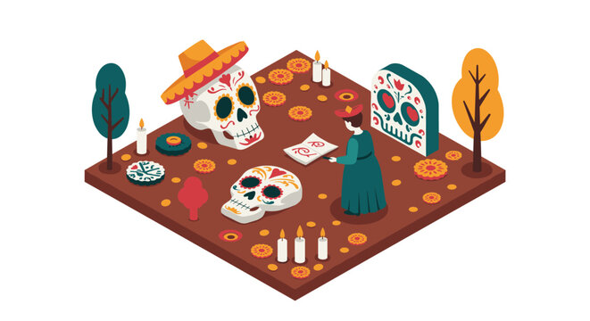 Day of the dead celebration in isometric style with colorful sugar skulls and candles