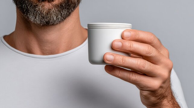 Man holding cosmetic cream jar for skincare routine
