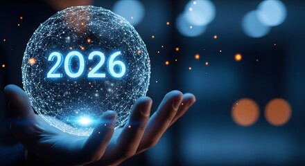 Hand holding glowing futuristic sphere with the year 2026 illuminated inside