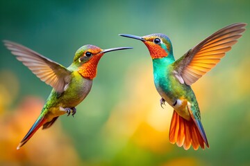 Fototapeta premium Two stunning hummingbirds, with brilliant iridescent green and red feathers, gracefully hover in a natural setting, displaying aerial beauty and delicate motion