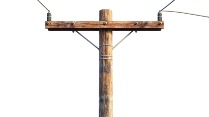 Wooden Utility Pole with Insulators and Wires Against a Transparent Background for Compositing