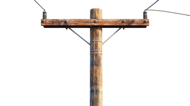 Wooden Utility Pole with Insulators and Wires Against a Transparent Background for Compositing