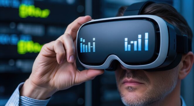 Caucasian male using virtual reality headset in a data center environment