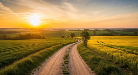 Golden hour rural road through fields