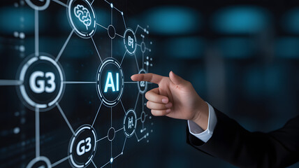 AI Tech Interaction: A focused hand interacts with a glowing, interconnected digital interface, highlighting the intricate workings of artificial intelligence and its far-reaching impact.