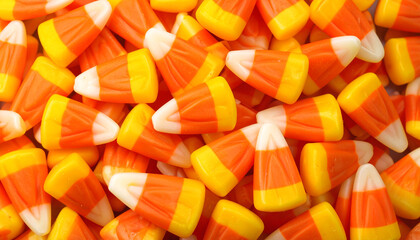 Pile of colorful Halloween candy corn, full frame. AI