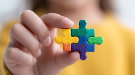 Child holding colorful jigsaw puzzle pieces, concept of autism awareness and problem solving