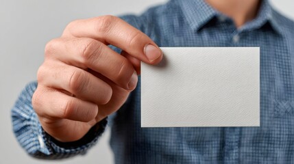 Obraz premium Businessman showing blank business card on grey background