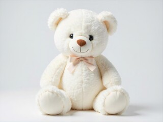 ソフトなぬいぐるみ 白いテディベア ベージュ色のリボンと鼻 柔らかい質感 明るい背景 子供のおもちゃ 可愛いデザイン