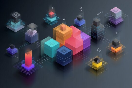 Abstract microservices architecture with independent modules, colorful cubes, digital connections, and futuristic technology, representing modern software development and cloud computing