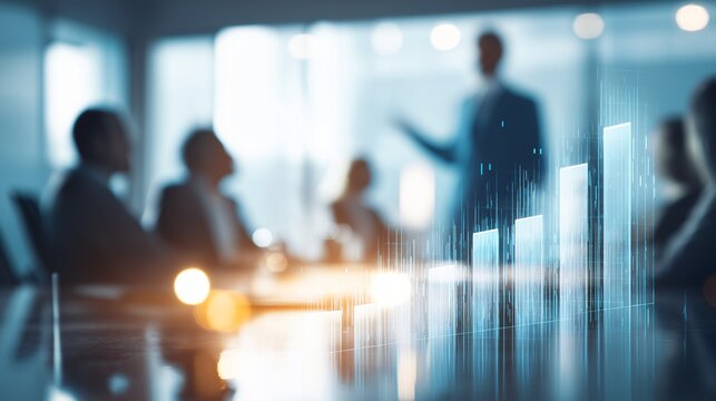 Businessman presenting holographic bar chart in modern office meeting, colleagues listening, teamwork and innovation concept, professional atmosphere