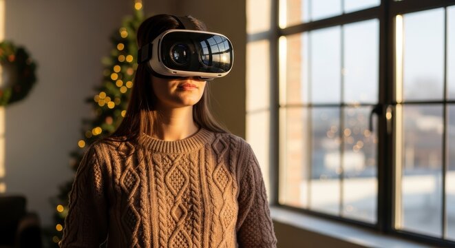 Young caucasian female using vr headset in sunlit room with holiday decor