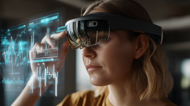 Businesswoman using augmented reality glasses in modern office, interacting with virtual financial data and futuristic digital interface, focused and innovative atmosphere
